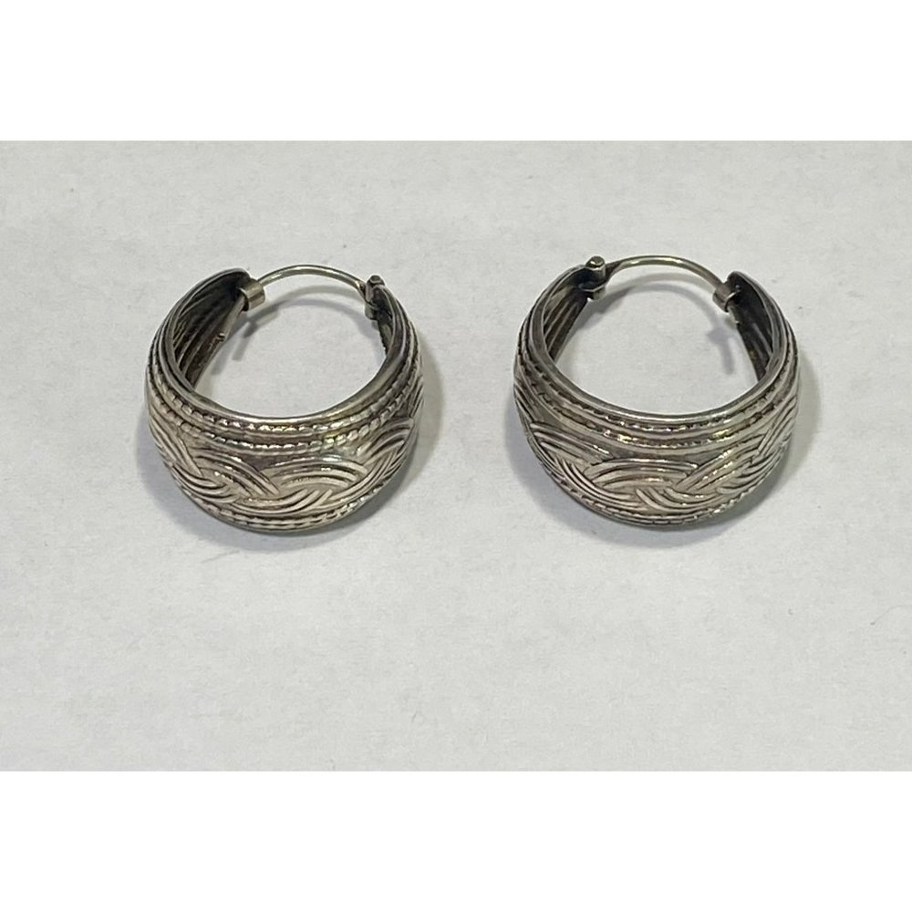 925 Thailand NK Signed Hoop Earrings Braided Etched Huggie Pierced